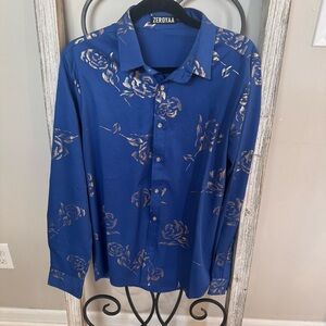Zeroyaa Blue Gold Floral Print Long Sleeve Button Up Shirt Men’s Small
